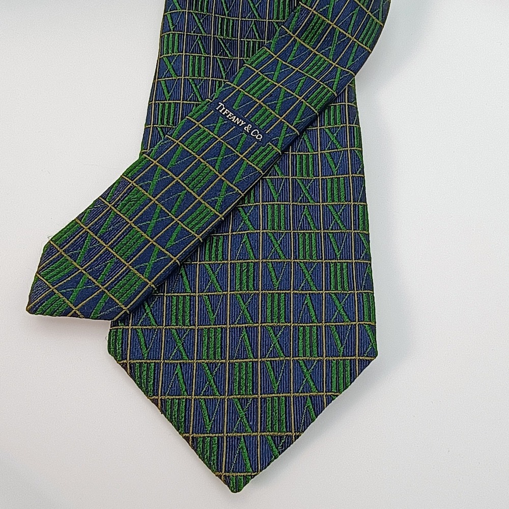 Tiffany & Co Men's Silk Tie Green Gold Roman Numeral Atlas Grid Vintage Italy